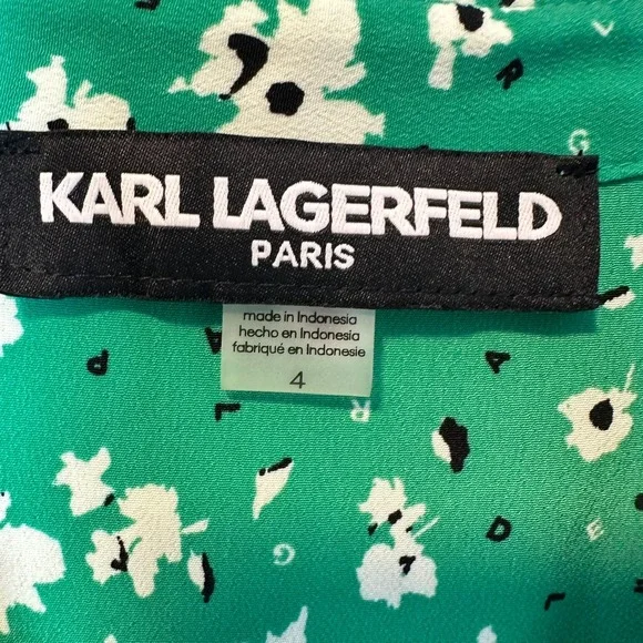 Karl Lagerfeld Paris Size-4 Green Floral Shirt Dress Long Sleeve Ruffle Zip - Picture 3 of 16